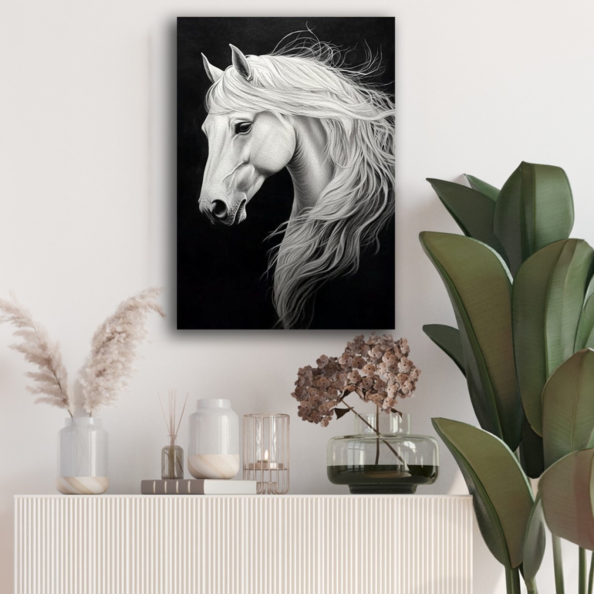 Majestic Black & White Horse Portrait Canvas Wall Art