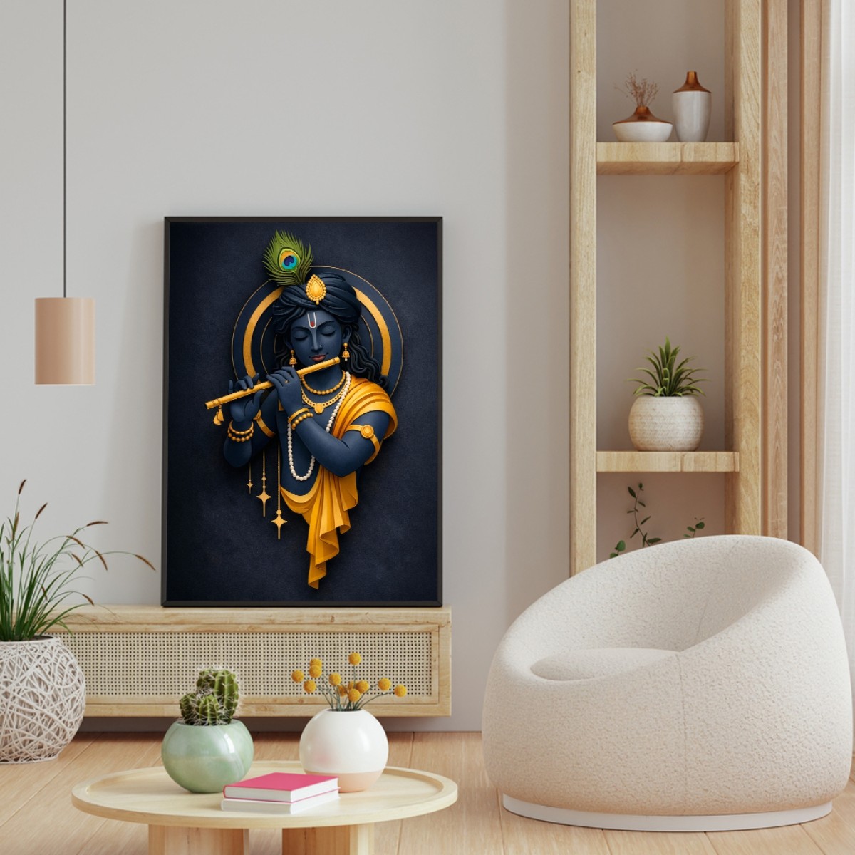 Divine 3D Illusion Lord Krishna Gold & Blue Canvas Art