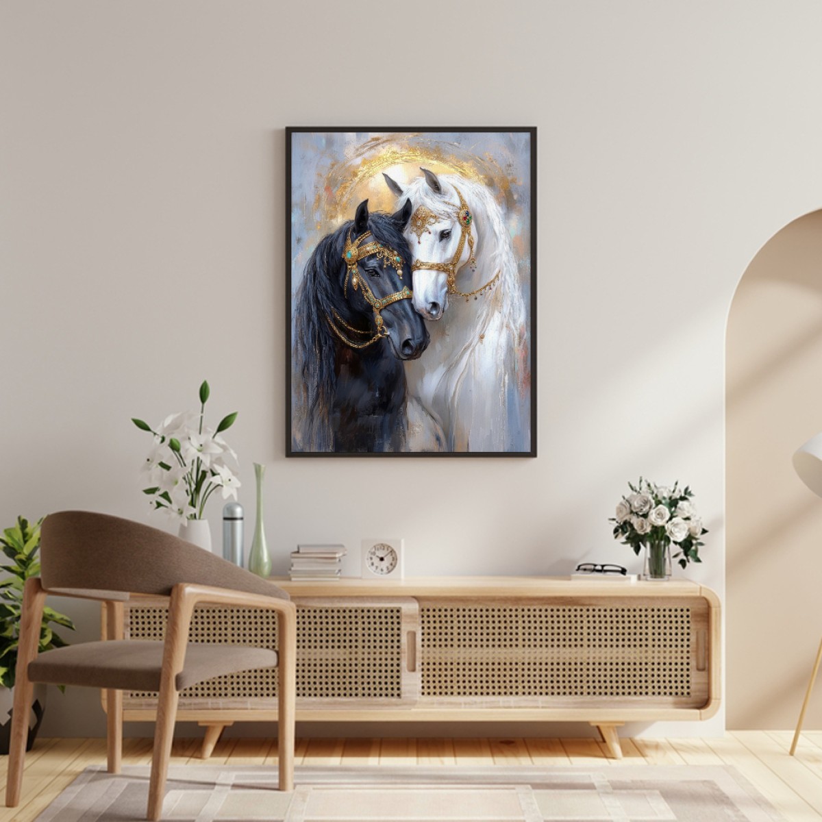 Romantic Royal Black & White Horses Canvas Wall Art