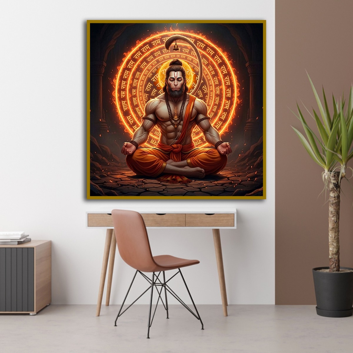 Glowing Meditating Lord Hanuman with Ram Mantra Canvas Art
