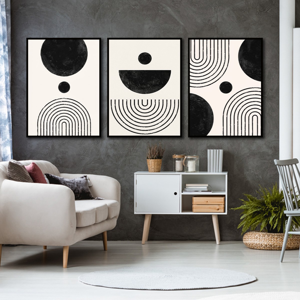 Minimalist Geometric Boho Black & White Canvas Art Set (3 Pieces)