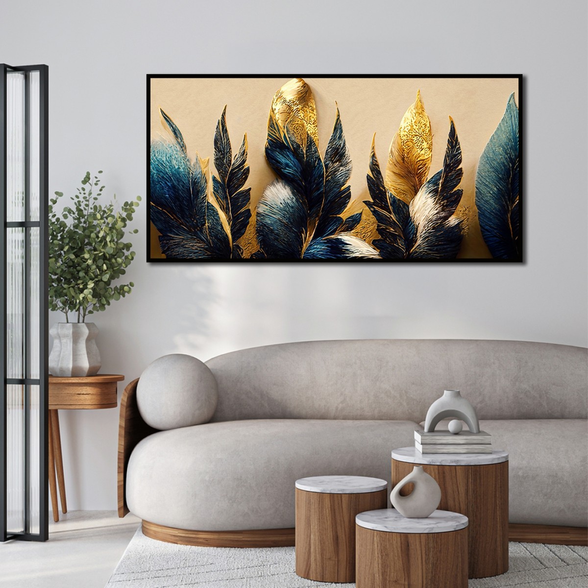 Panoramic Textured Gold & Teal Leaves Canvas Wall Art