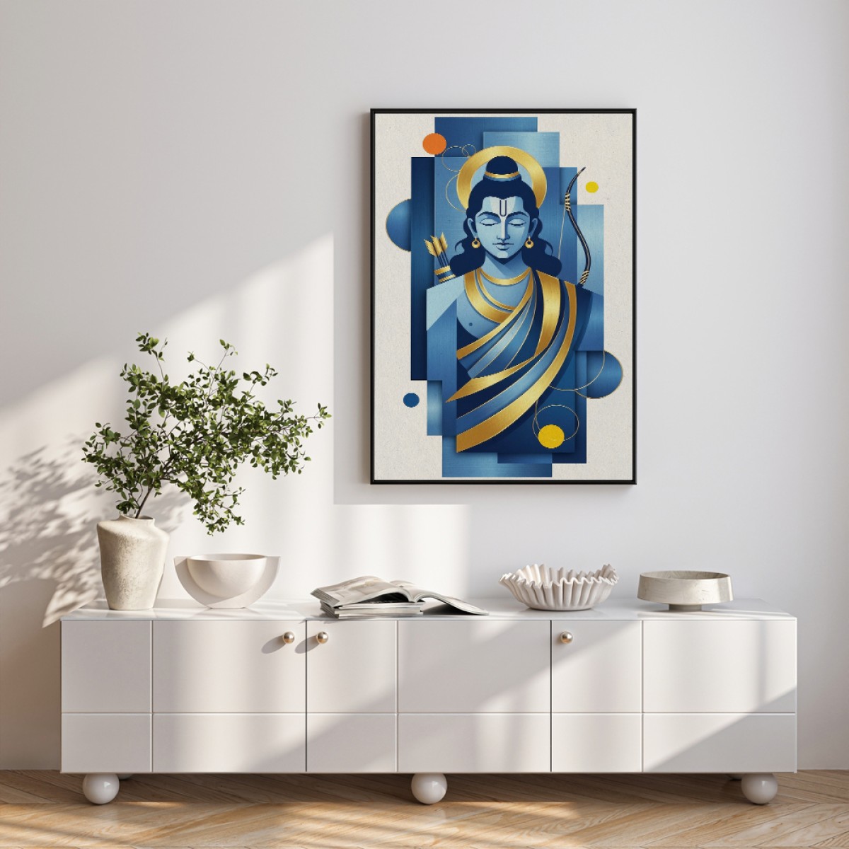 Modern Geometric Lord Rama Blue & Gold Canvas Art