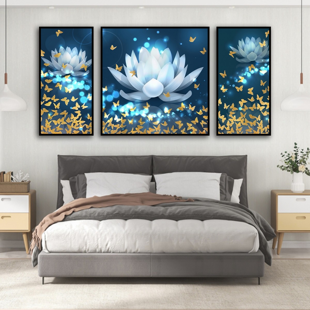 Ethereal Glowing Lotus & Gold Butterflies Canvas Art Set (3 Pieces)
