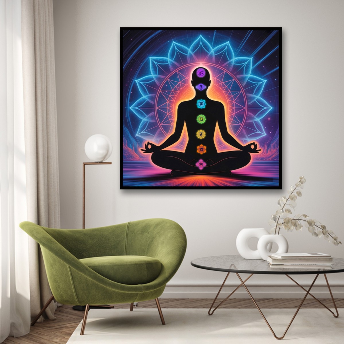 Neon Chakra Meditation & Glowing Lotus Canvas Art