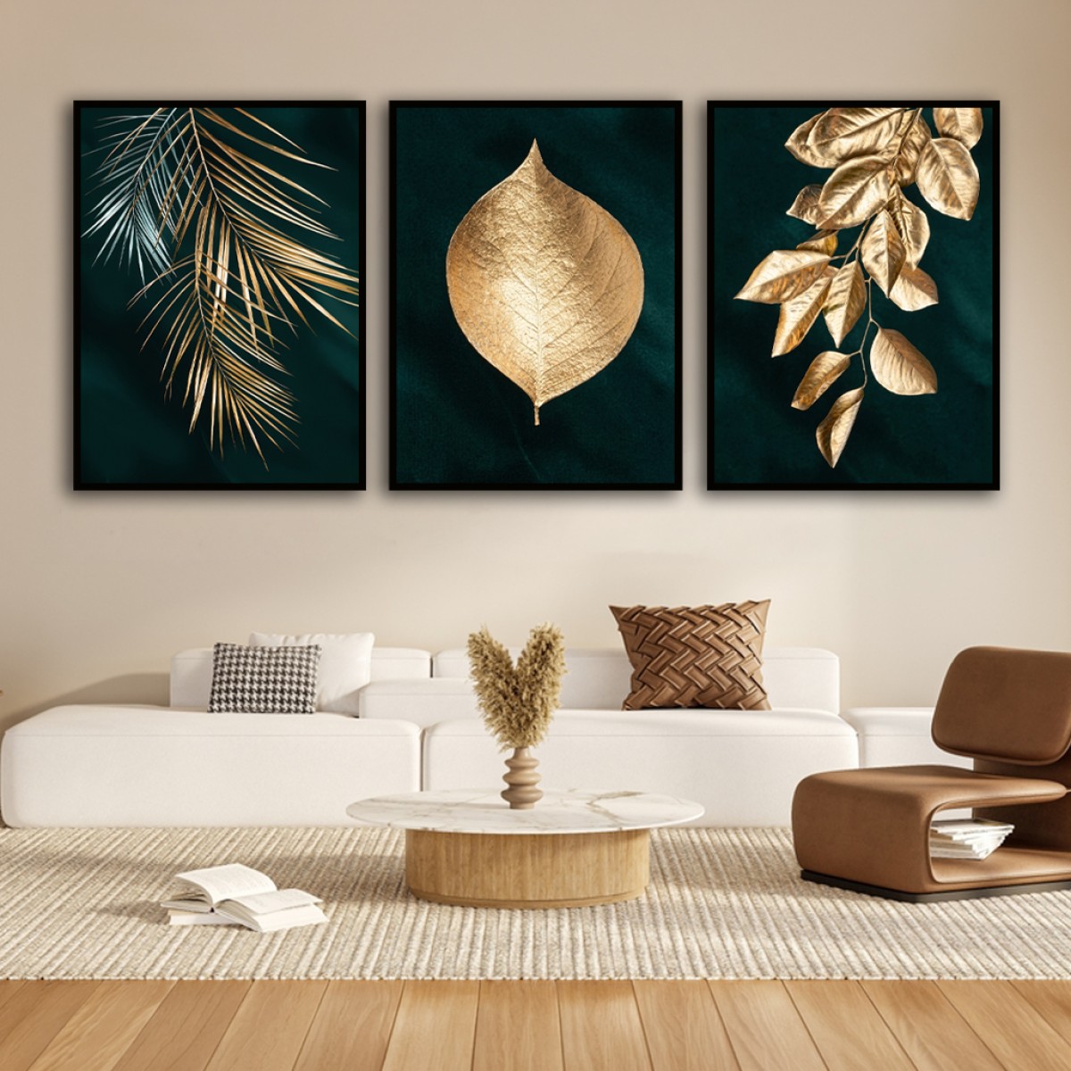 Luxury Emerald & Gold Botanical Leaf Canvas Art Set (3 Pieces)