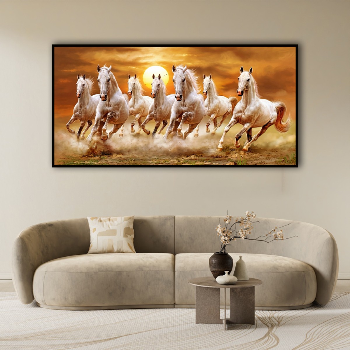 Panoramic Seven Galloping White Horses Vastu Canvas Art