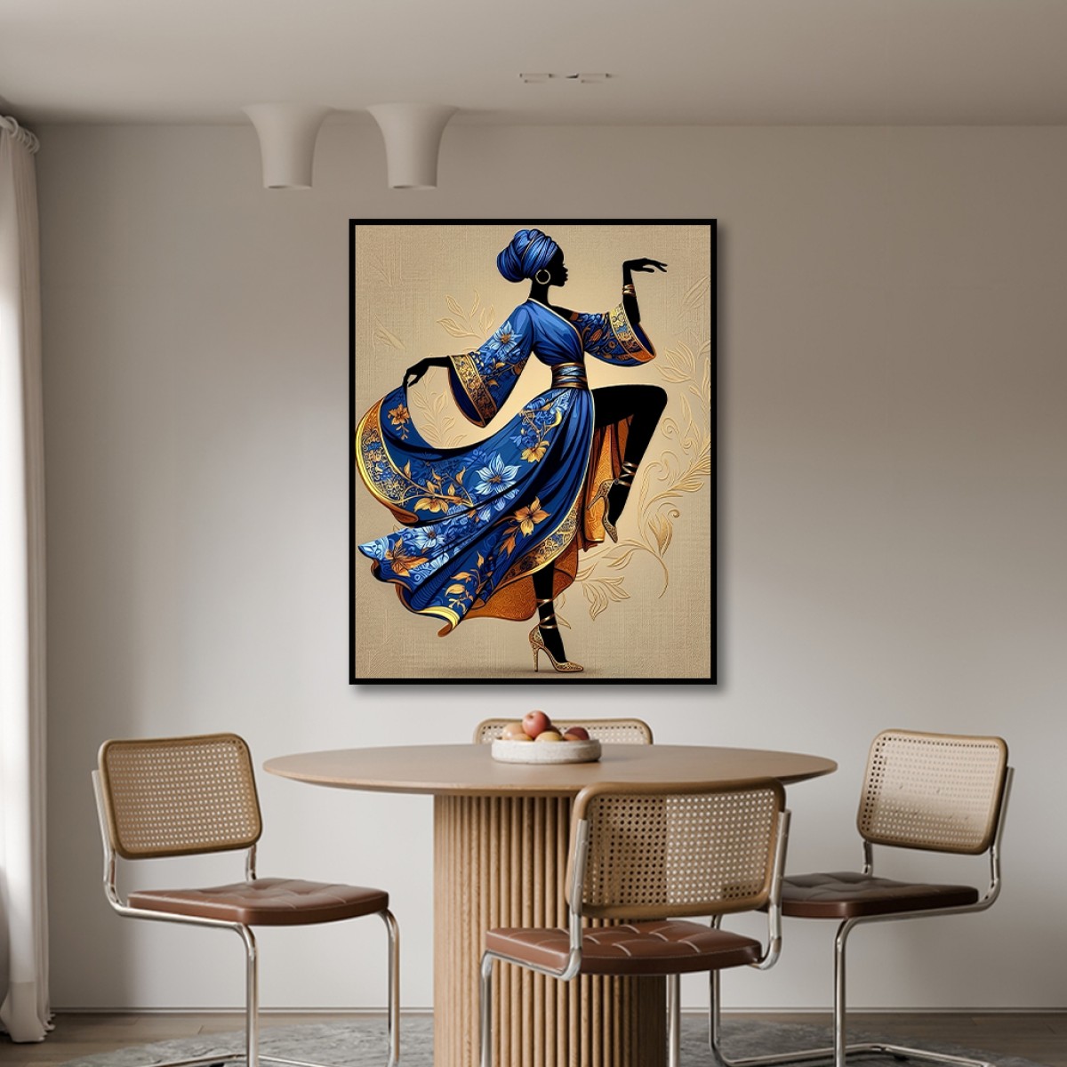 Elegant Dancing Woman Canvas Art - Blue & Gold Floral Dress