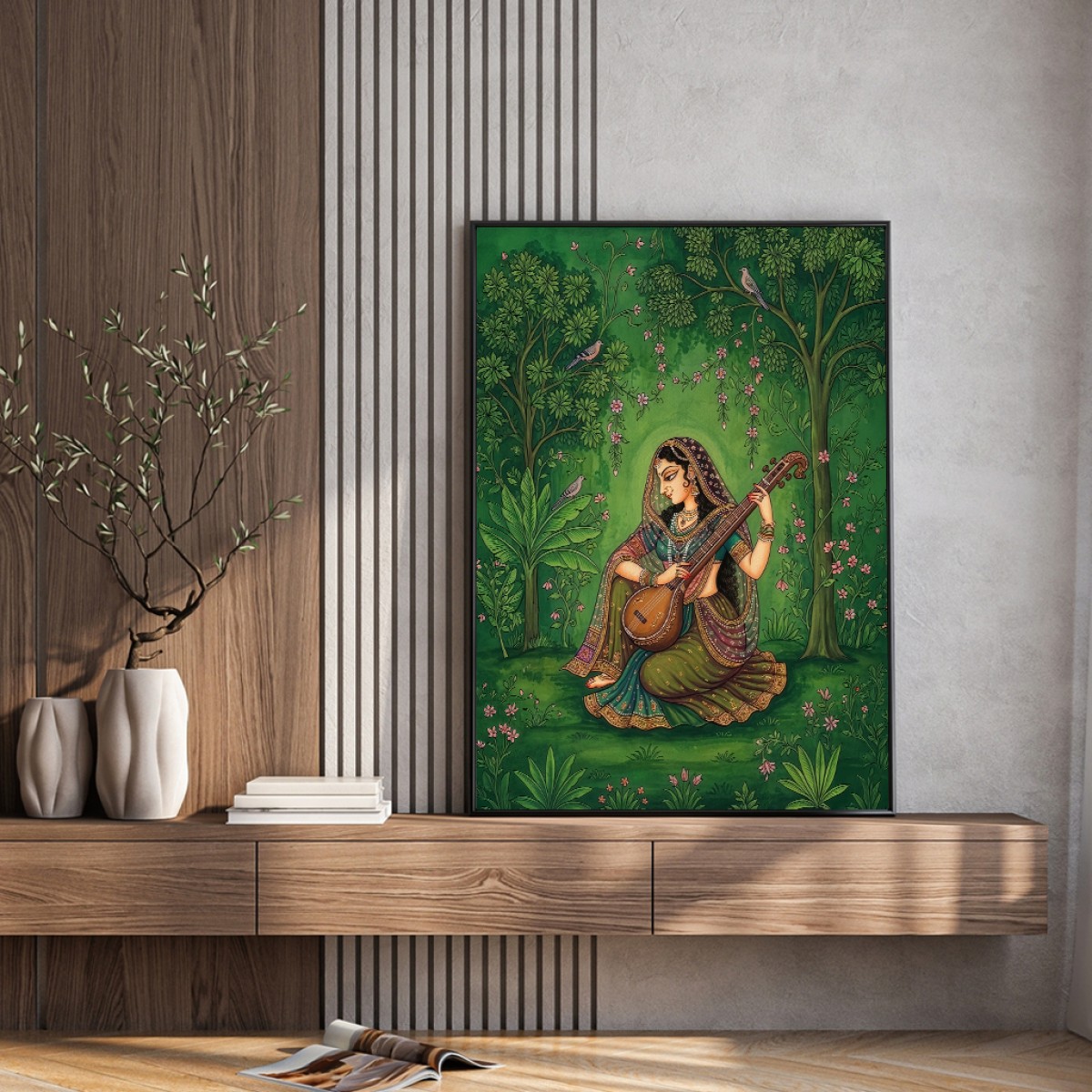 Traditional Indian Woman Playing Veena Canvas Art - Lush Green Forest