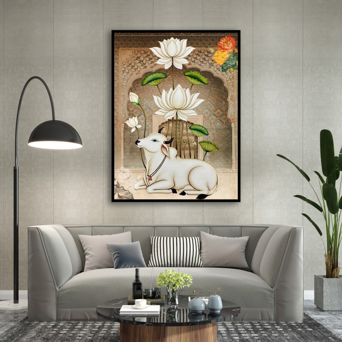 Traditional Pichwai Style White Cow & Lotus Canvas Art - Sacred Indian Decor