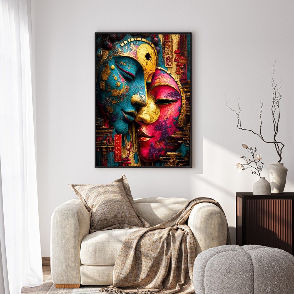Vibrant Abstract Spiritual Faces Canvas Art - Teal, Pink & Gold