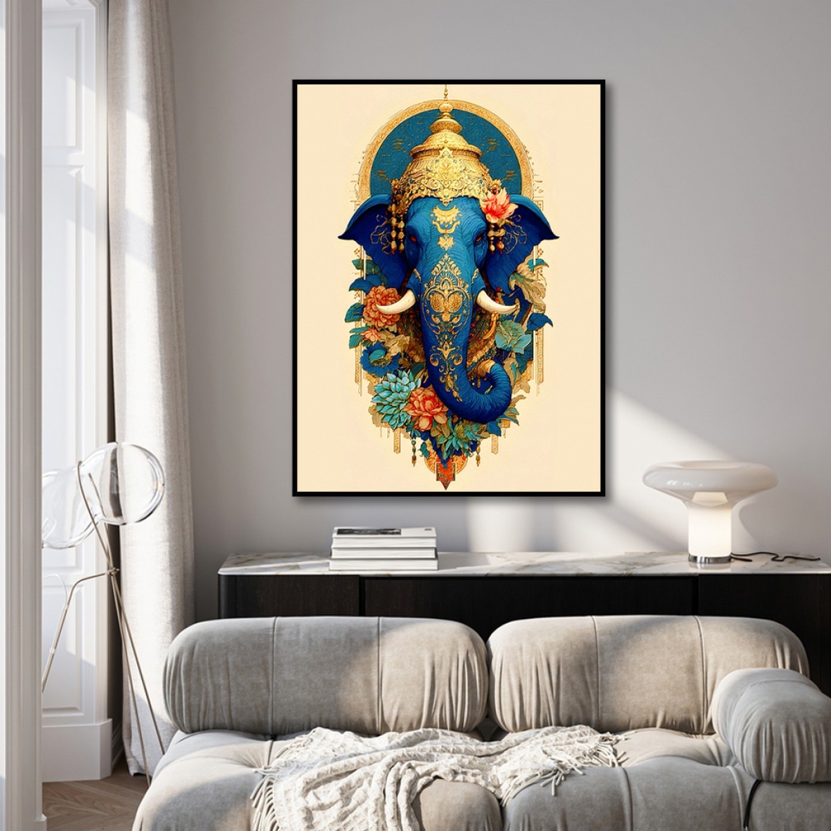 Majestic Blue Lord Ganesha Canvas Art - Gold Ornate Hindu Decor