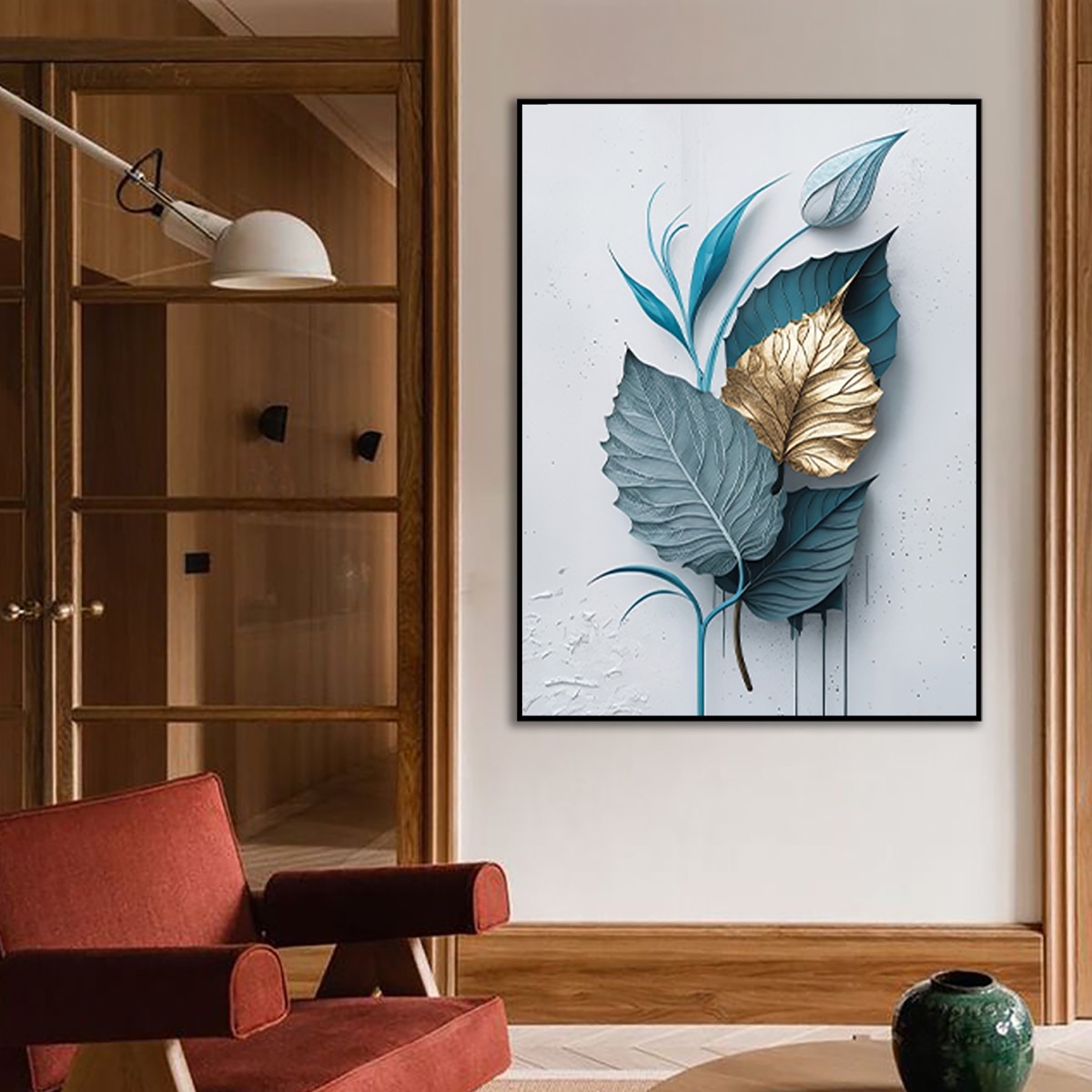 Modern 3D Teal & Gold Leaf Botanical Canvas Wall Art