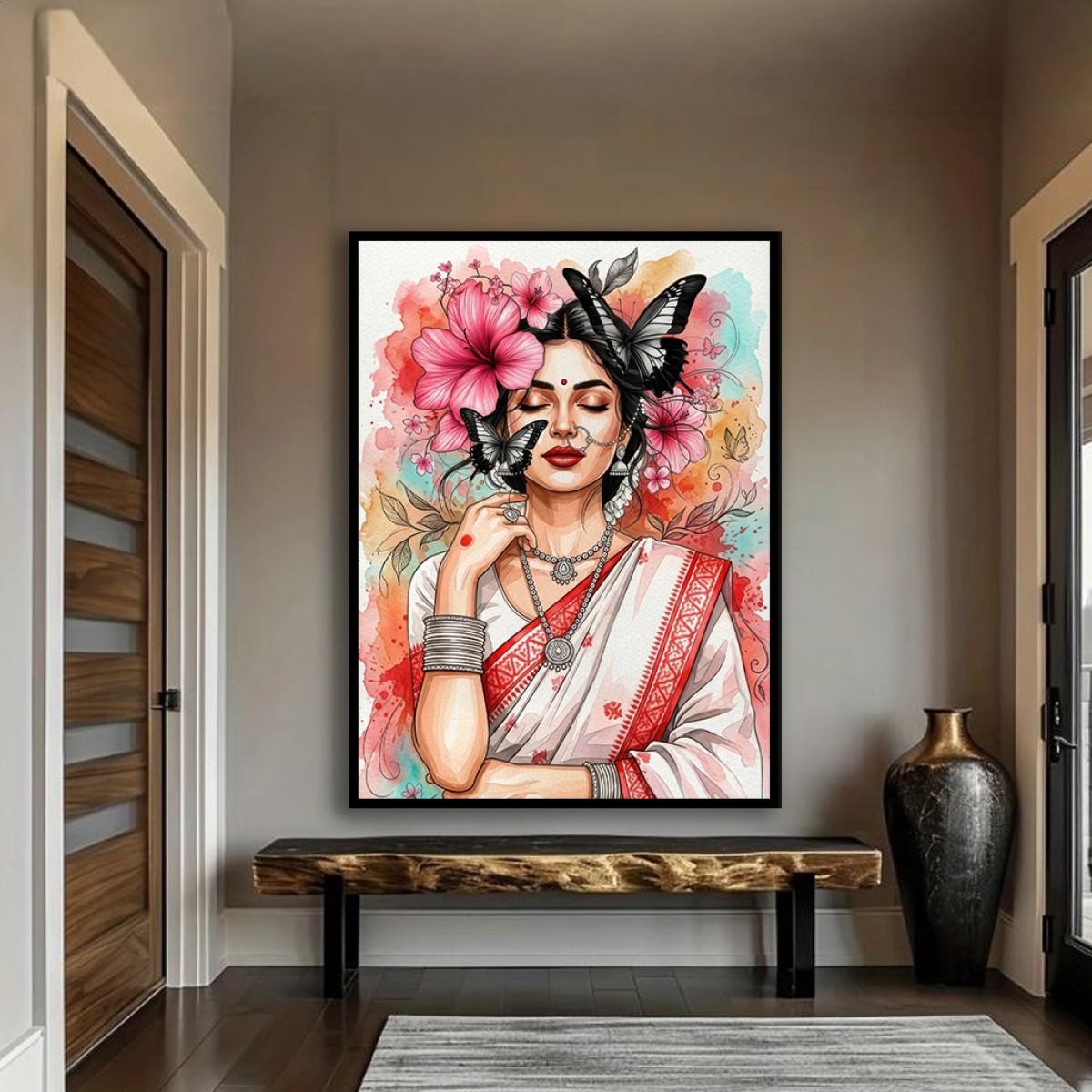 Serene Indian Beauty Watercolor Canvas Portrait with Butterflies